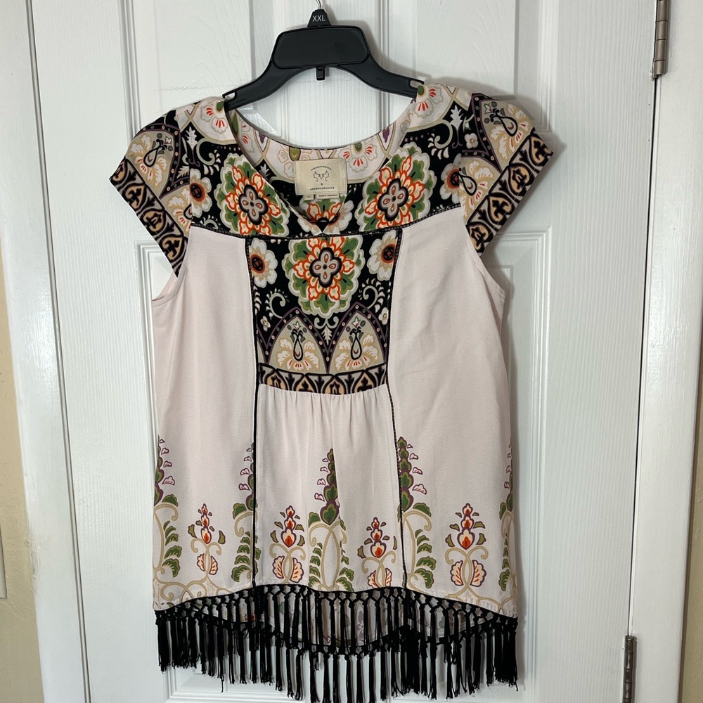 VanessaVirginia anthropologie  Boho top paisley cap sleeve fringe black hem S